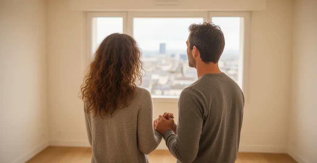 Couple trentenaire observant la vue depuis un appartement vide lors d'une visite immobilière à Lyon