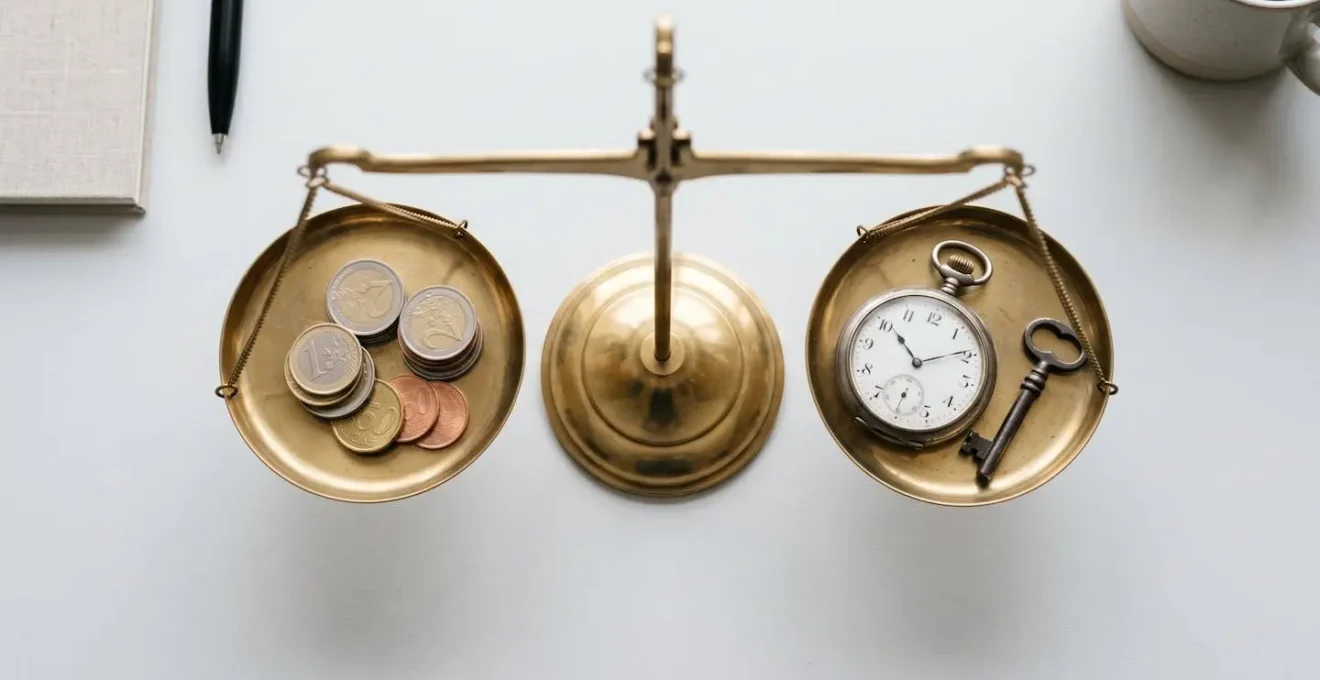 Illustration 3D d'une balance en équilibre avec pièces d'euros d'un côté et horloge-bouclier de l'autre, comparant coût et bénéfices de la gestion déléguée.