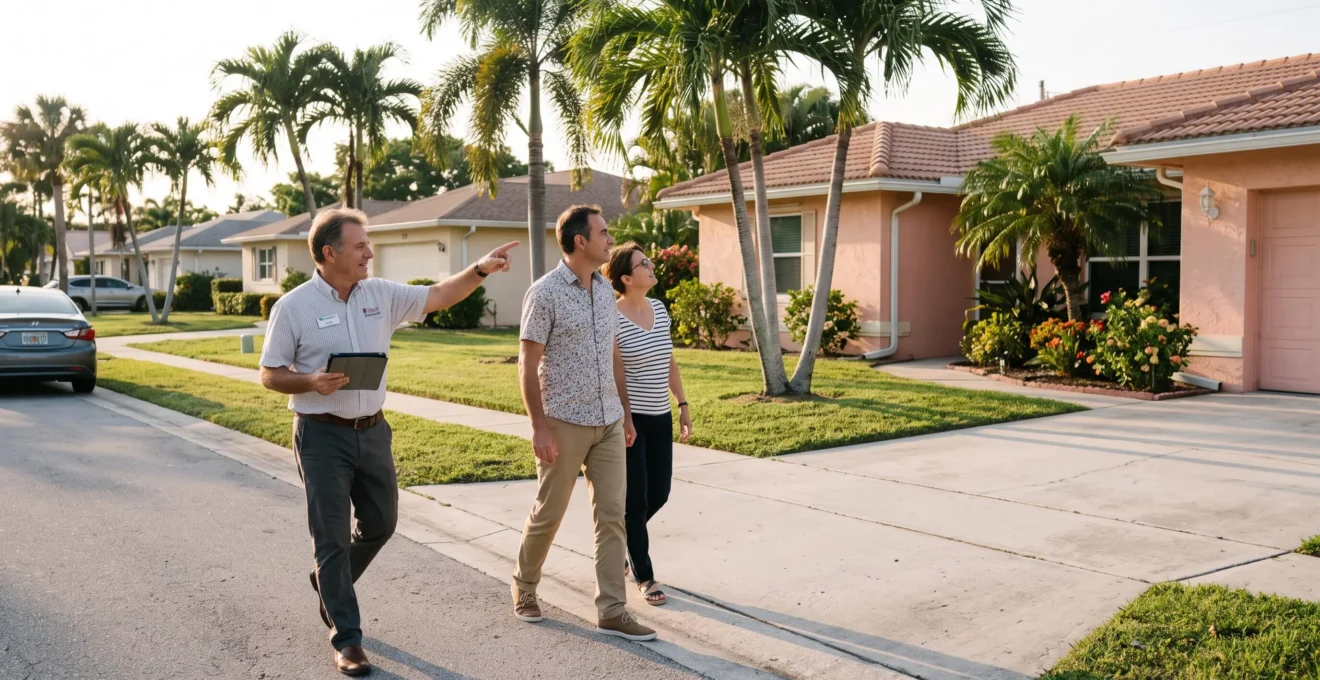 Un agent immobilier accompagne un couple francophone devant une maison individuelle à l'architecture typique de Floride.