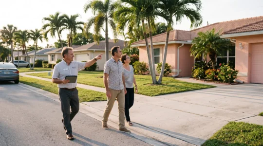 Un agent immobilier accompagne un couple francophone devant une maison individuelle à l'architecture typique de Floride.