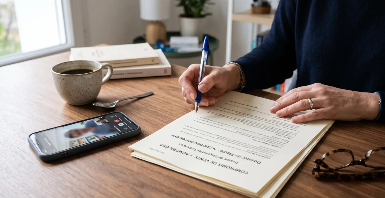 Des mains signent des documents immobiliers posés sur une table en bois à côté d'un smartphone en visioconférence.